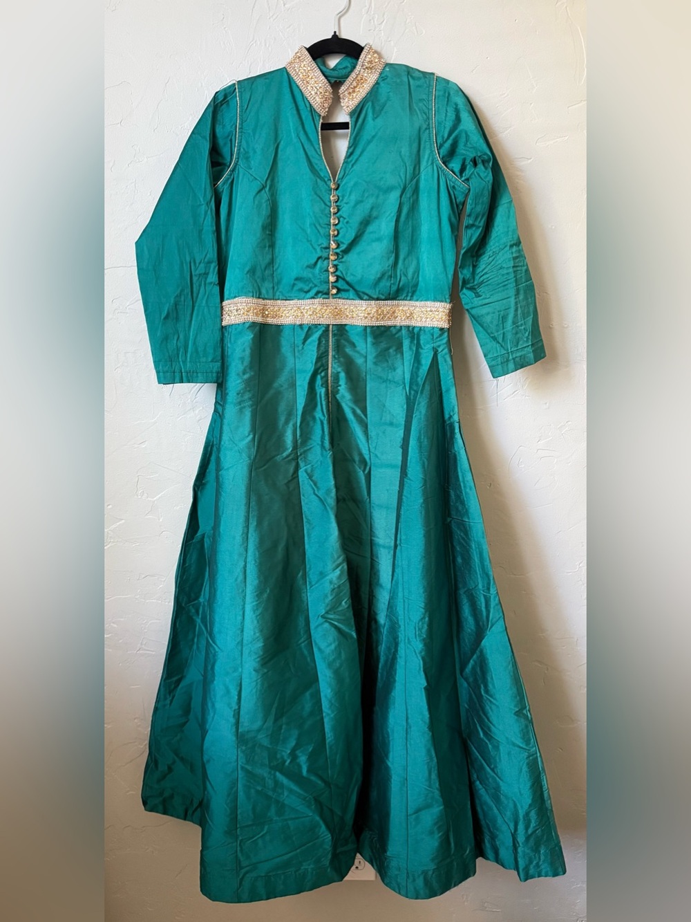 Teal Green & Gold Anarkali Dress- gold bead buttons & embroidery- Size small